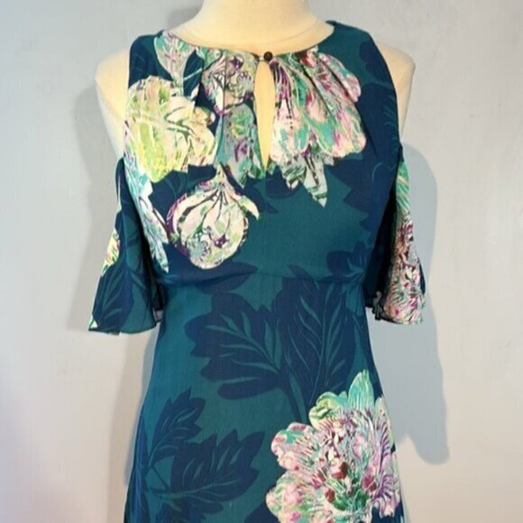 Maeve Anthropologie Elia Floral Print Cold Open Shoulder Dress Size 8 Teal Blue - Picture 2 of 9